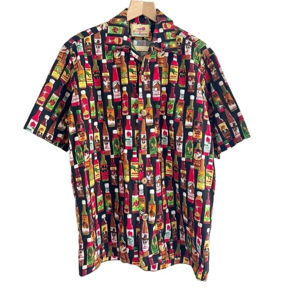 Vintage 90s Men’s Sz L Paradise On A Hanger Black Camp Hawaiian Shirt Hot Sauce - Picture 1 of 13